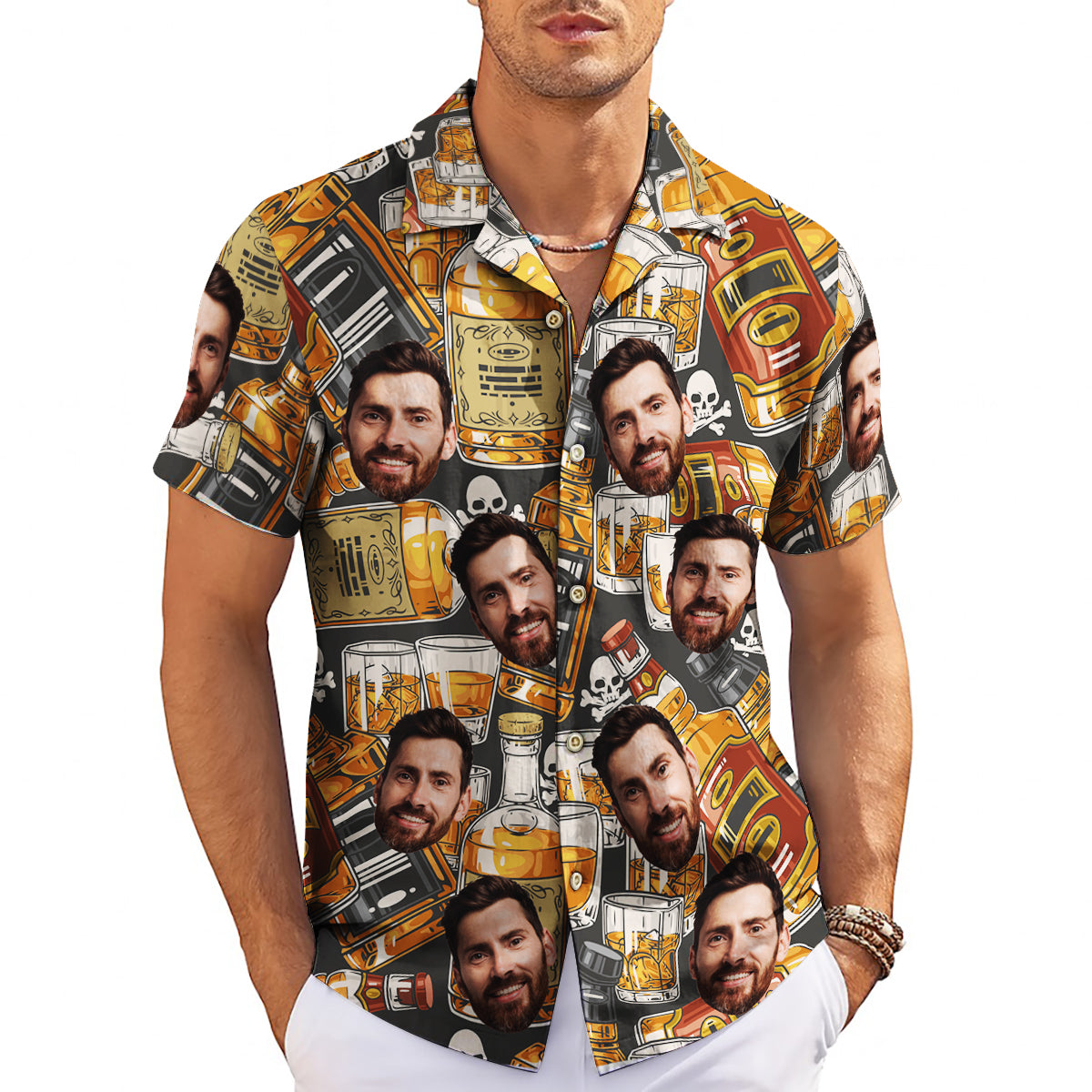 Dark Hawaiian shirt with custom face whiskey bottles skulls print variant 3
