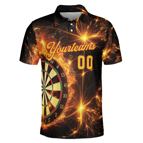 Custom Flaming Dartboard Polo Shirt Blazing Golden Sparks Team Name