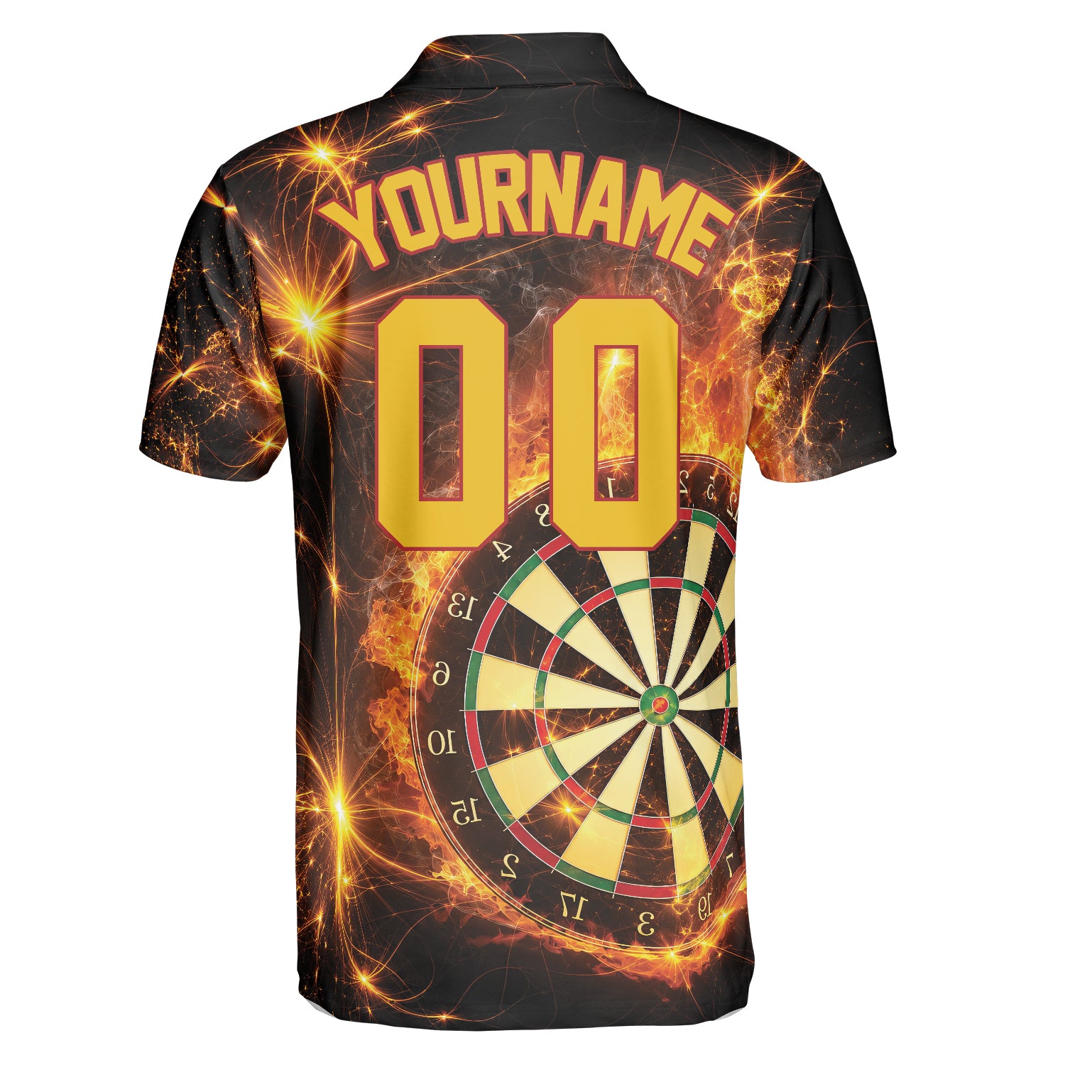 Black polo showing burning dartboard amid glowing sparks variant 2