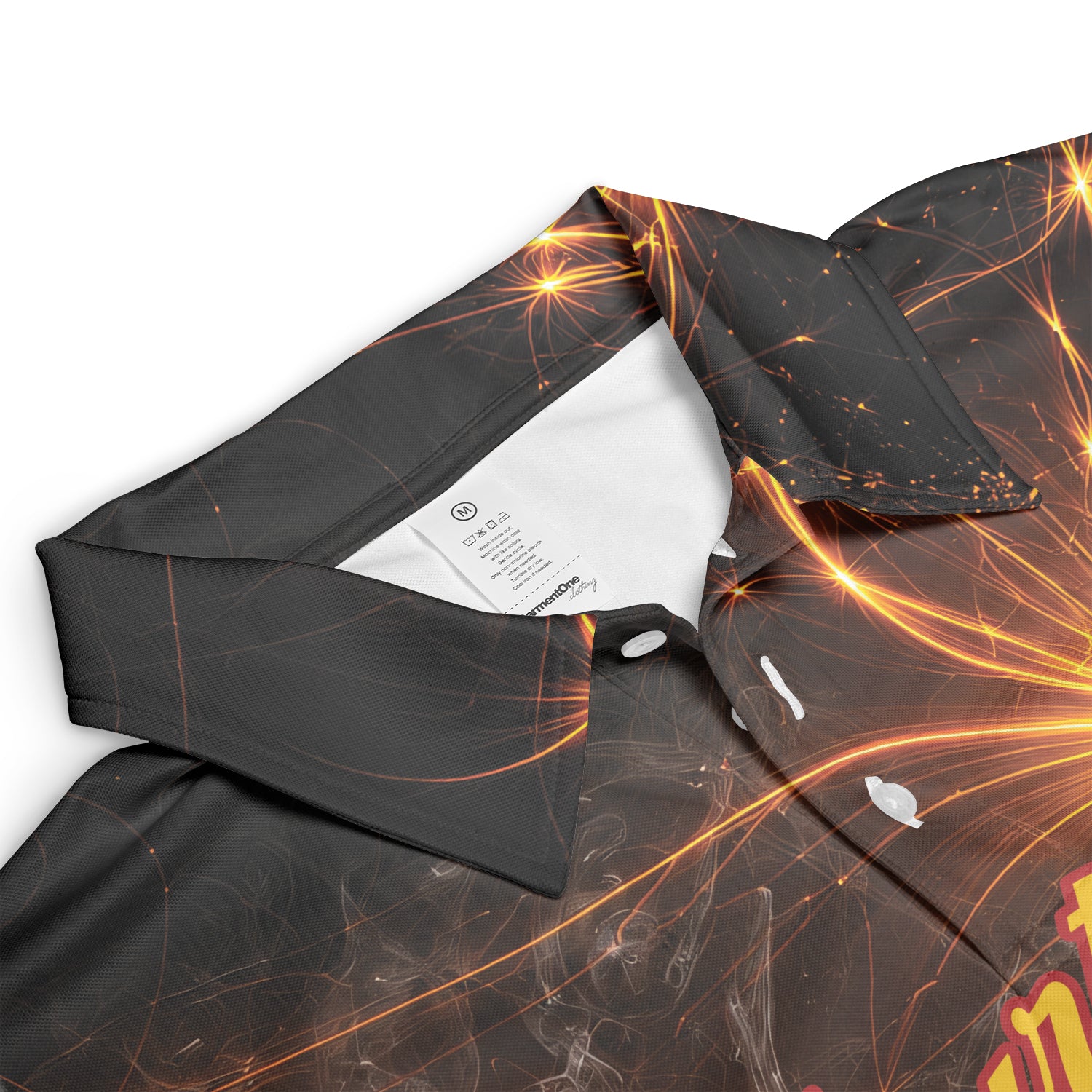Black polo showing burning dartboard amid glowing sparks variant 3