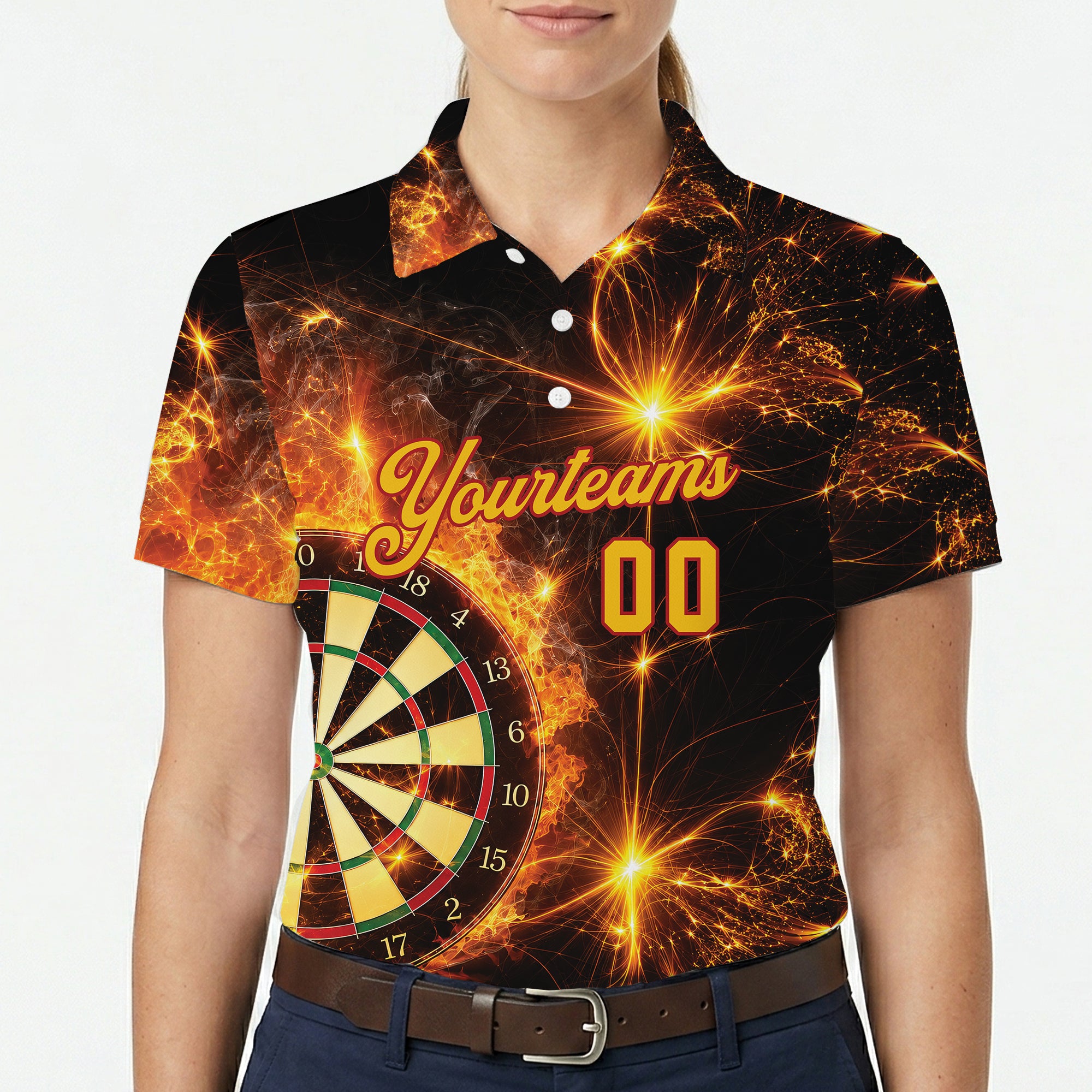 Black polo showing burning dartboard amid glowing sparks variant 5