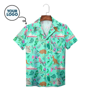 Mint green Hawaiian shirt with koalas kangaroos pink flowers logo
