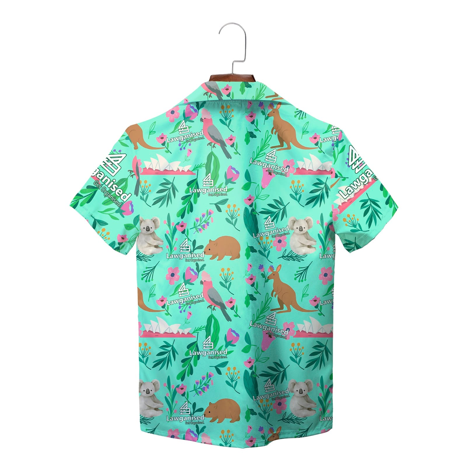 Mint green Hawaiian shirt with koalas kangaroos pink flowers logo variant 2