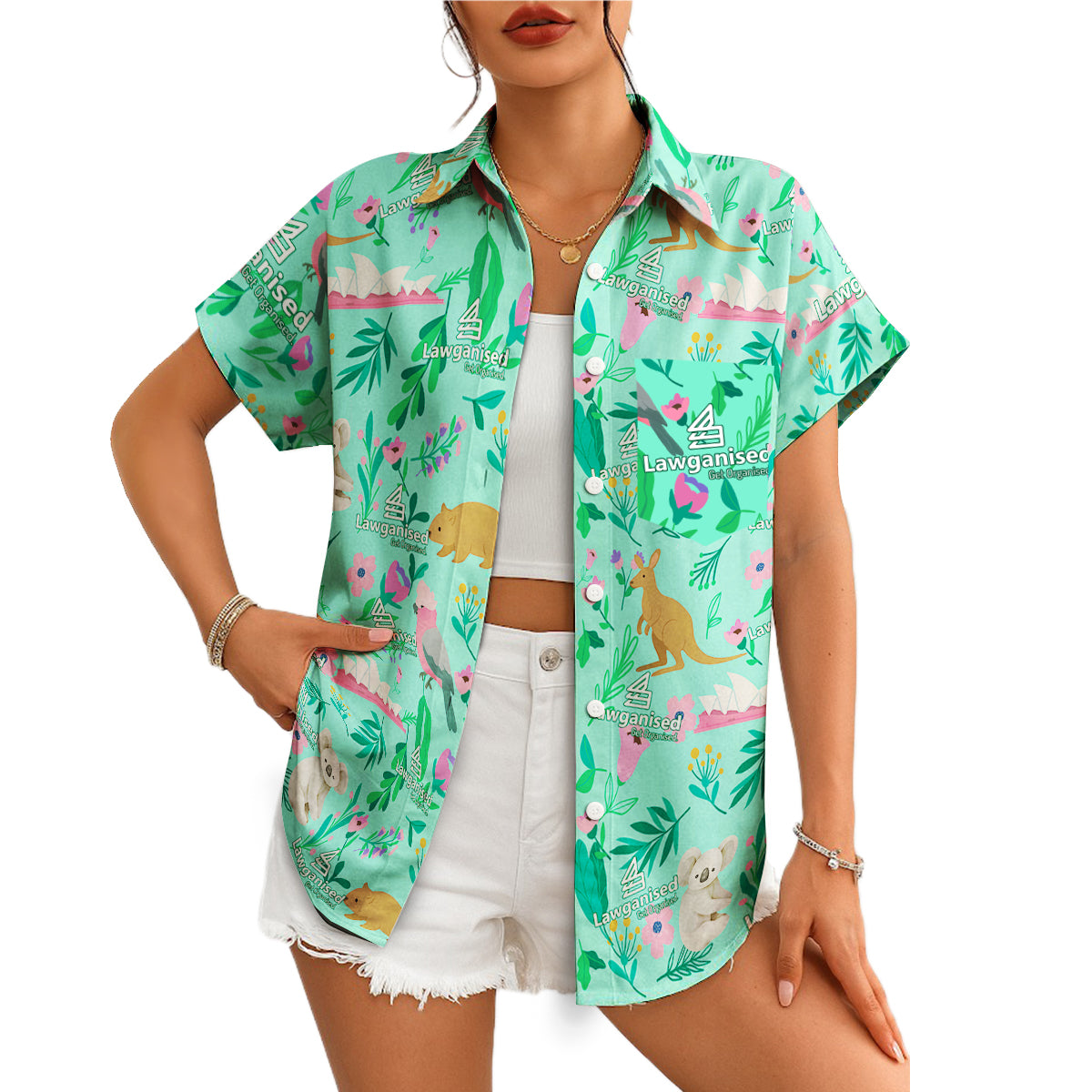 Mint green Hawaiian shirt with koalas kangaroos pink flowers logo variant 4