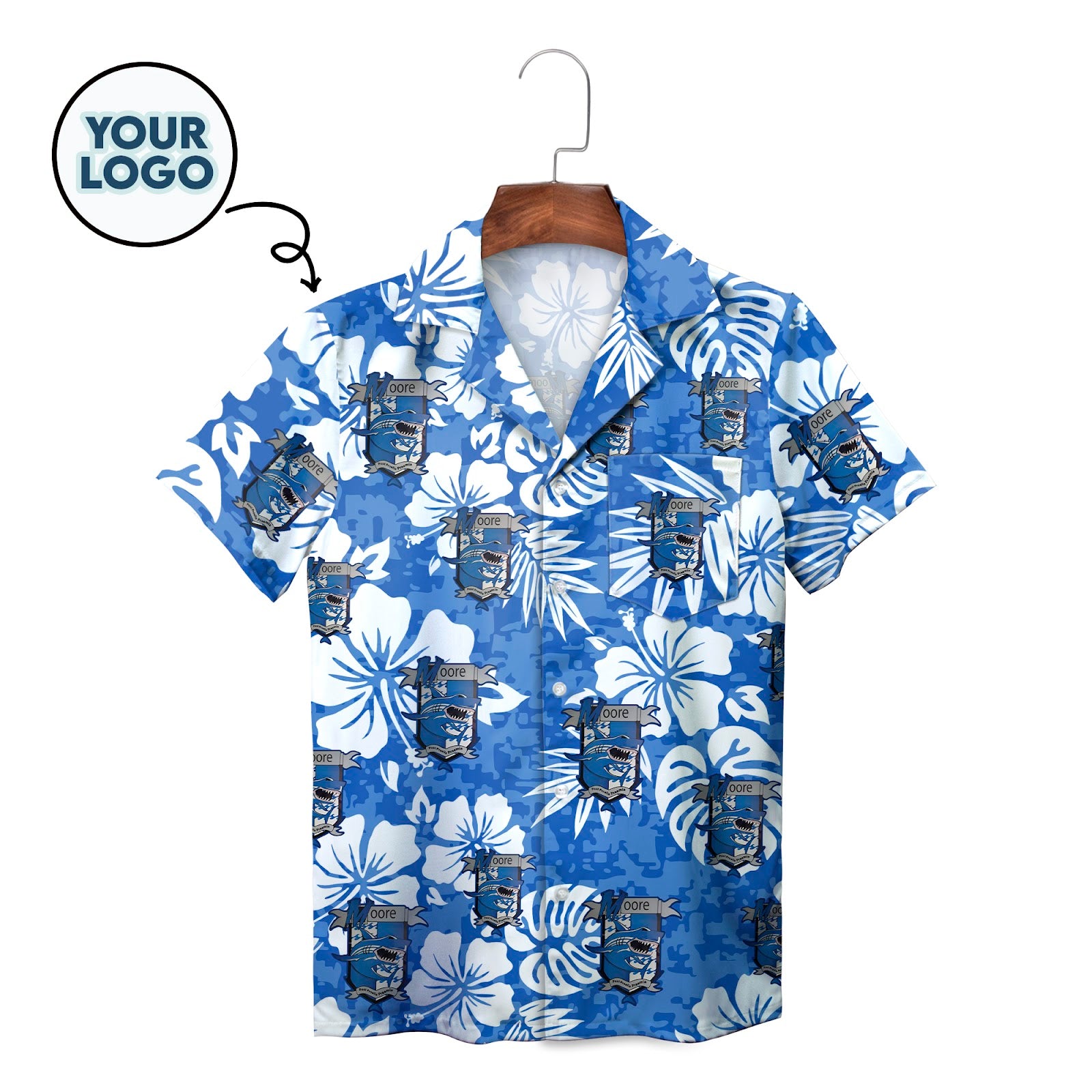 Blue hibiscus camo Hawaiian shirt with repeating custom logo