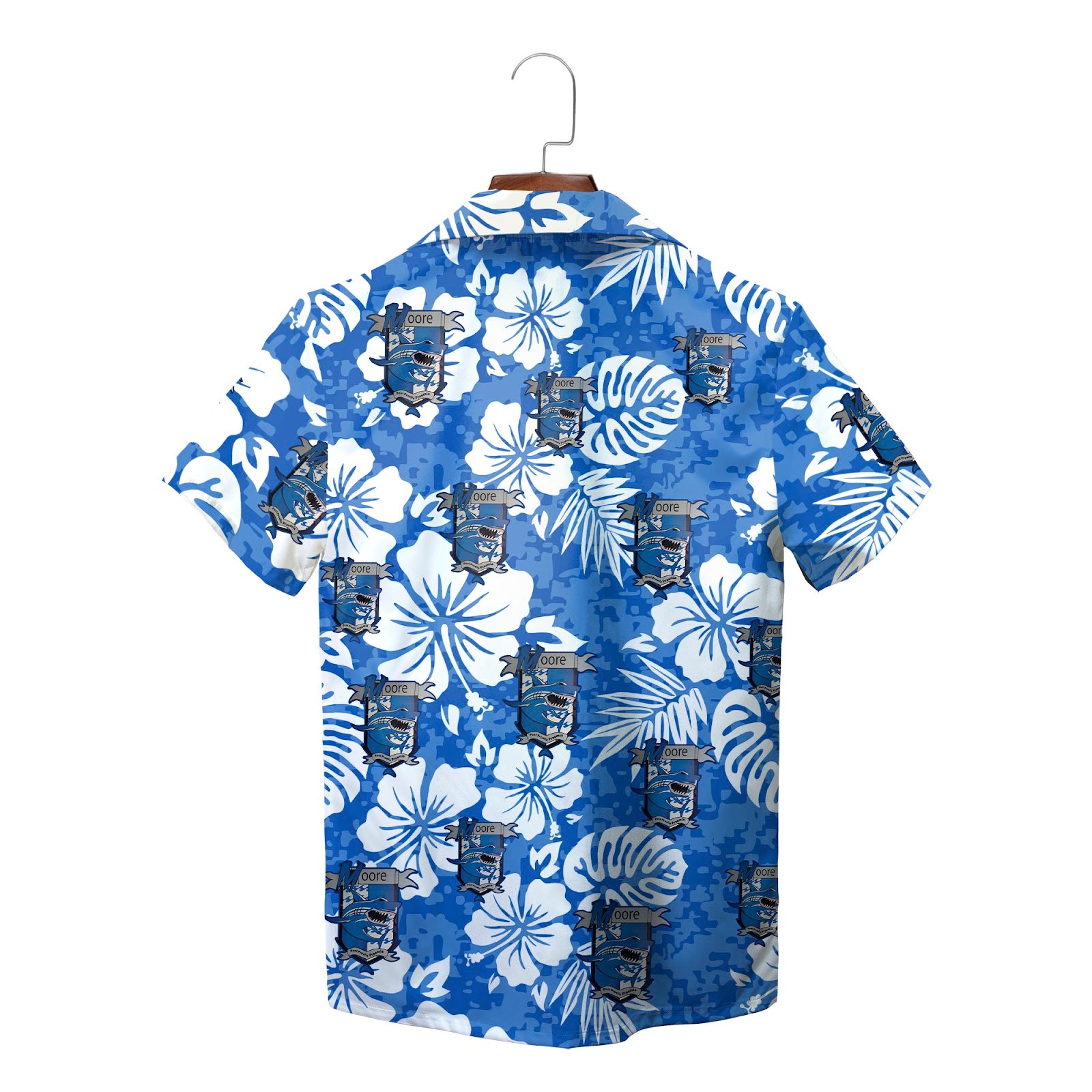 Blue hibiscus camo Hawaiian shirt with repeating custom logo variant 2