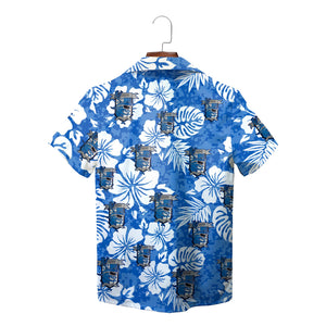 Blue hibiscus camo Hawaiian shirt with repeating custom logo variant 2