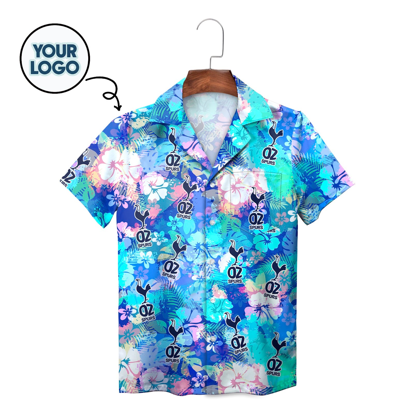 Blue tropical floral Hawaiian shirt with OZ Spurs logo print