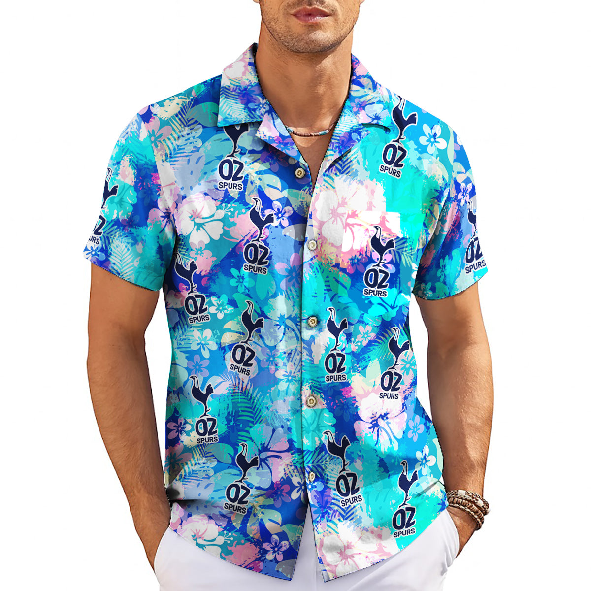 Blue tropical floral Hawaiian shirt with OZ Spurs logo print variant 3