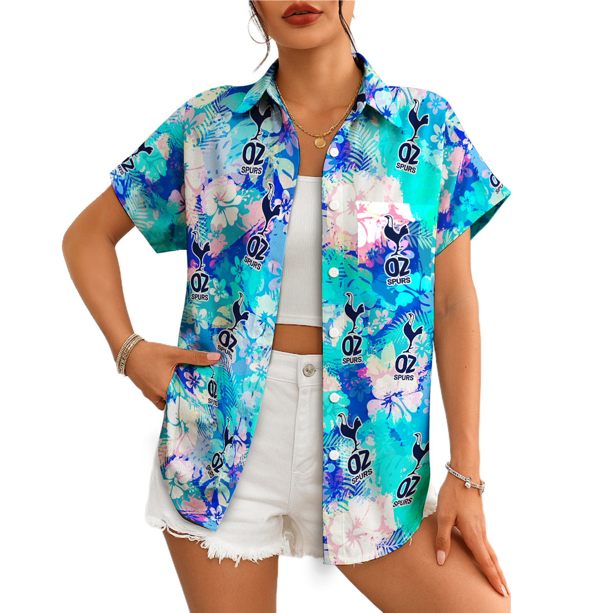 Blue tropical floral Hawaiian shirt with OZ Spurs logo print variant 4