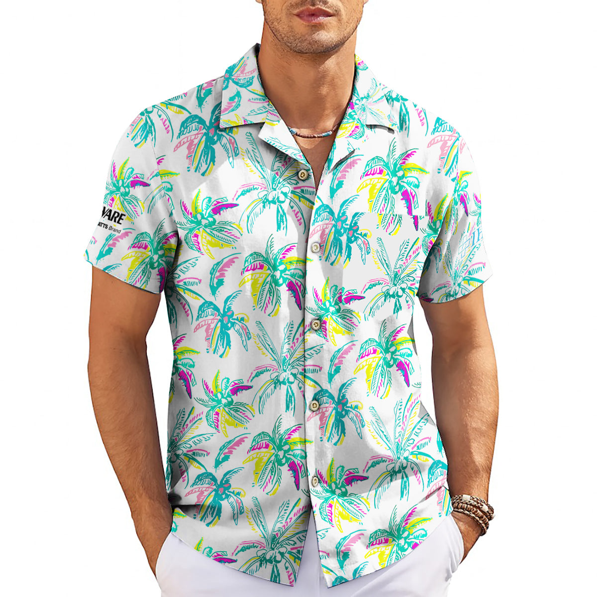White Hawaiian shirt with colorful sketched palm trees on hanger variant 3