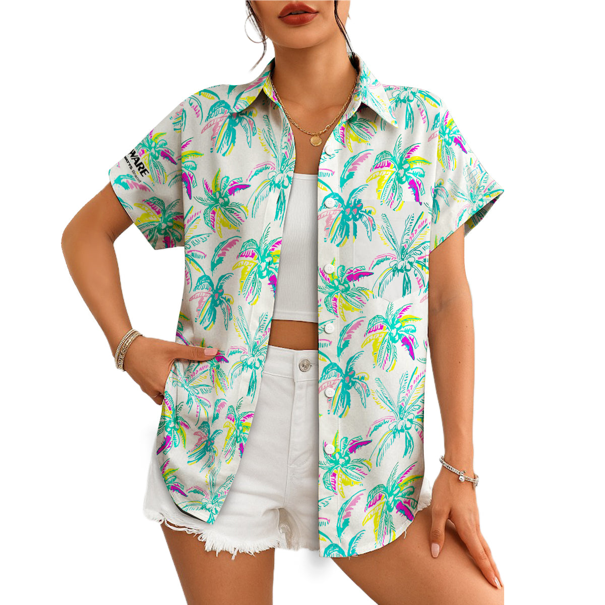 White Hawaiian shirt with colorful sketched palm trees on hanger variant 4
