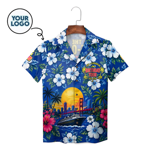 Custom Logo Cruise Ship Sunset Hibiscus Hawaiian Shirt