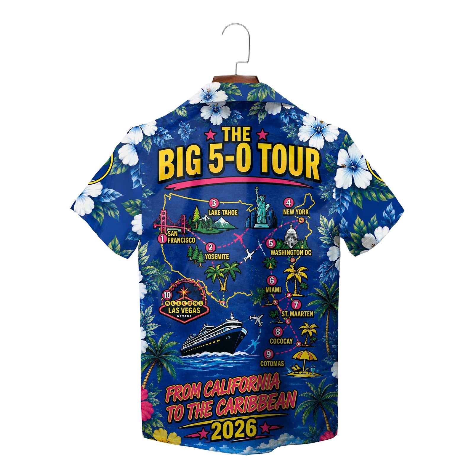 Blue hibiscus cruise ship sunset Hawaiian shirt on hanger variant 2