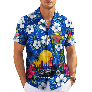 Blue hibiscus cruise ship sunset Hawaiian shirt on hanger variant 3