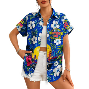 Blue hibiscus cruise ship sunset Hawaiian shirt on hanger variant 4