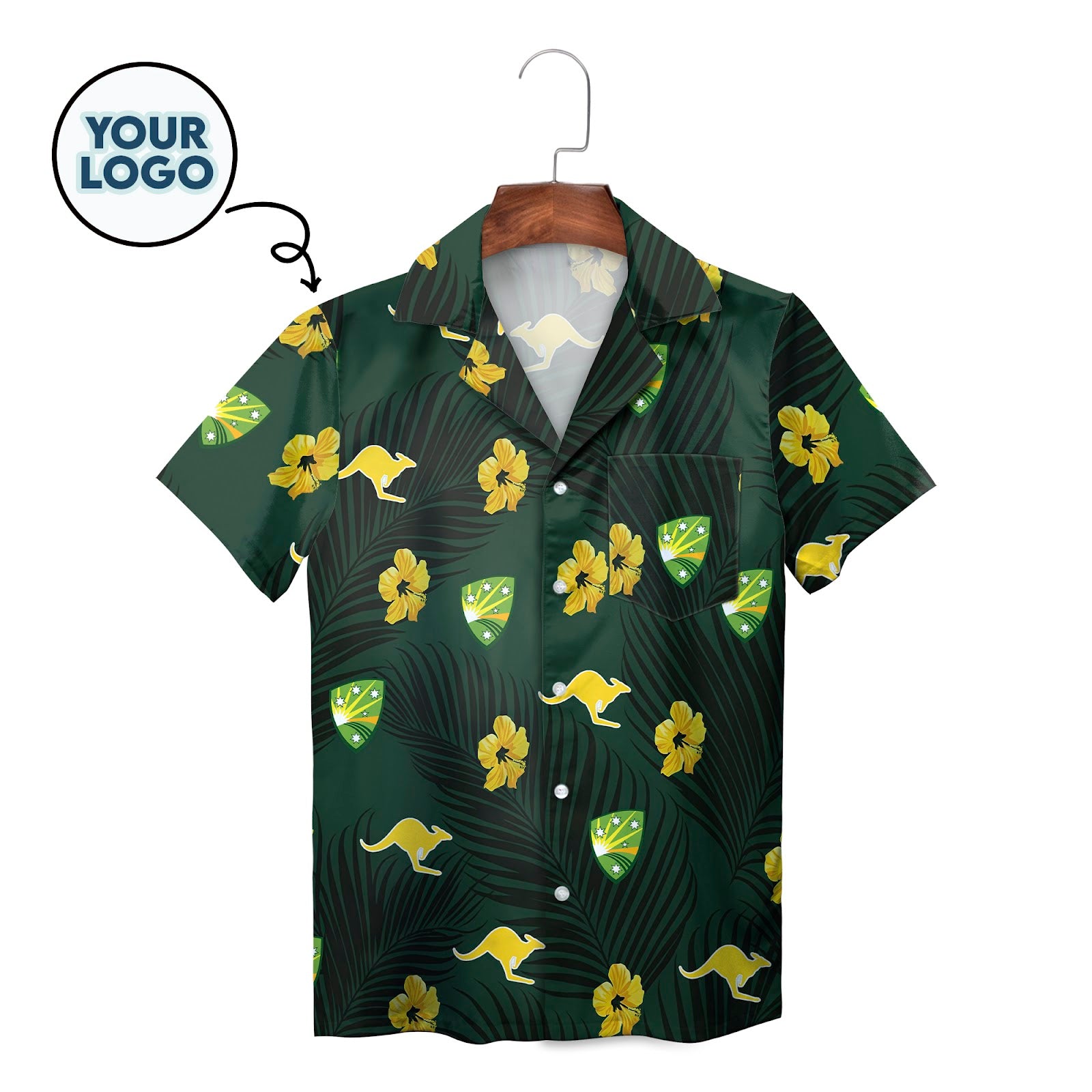 Green Hawaiian shirt golden kangaroos hibiscus palm print