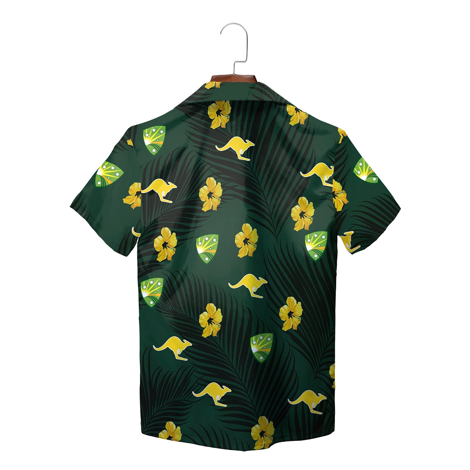 Green Hawaiian shirt golden kangaroos hibiscus palm print variant 2