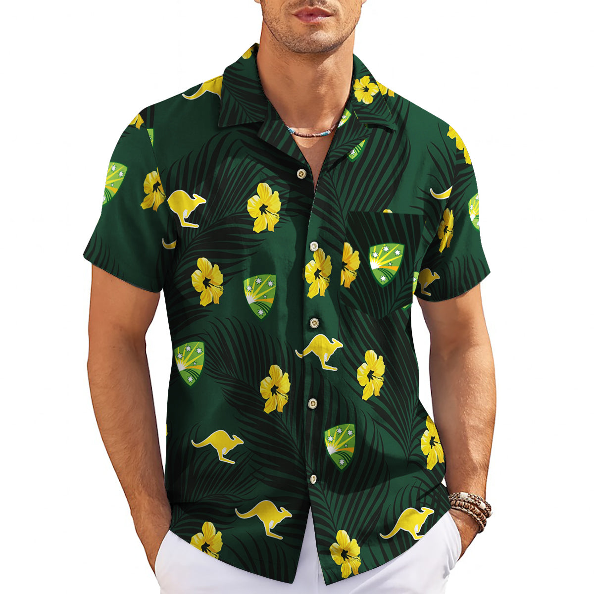 Green Hawaiian shirt golden kangaroos hibiscus palm print variant 3