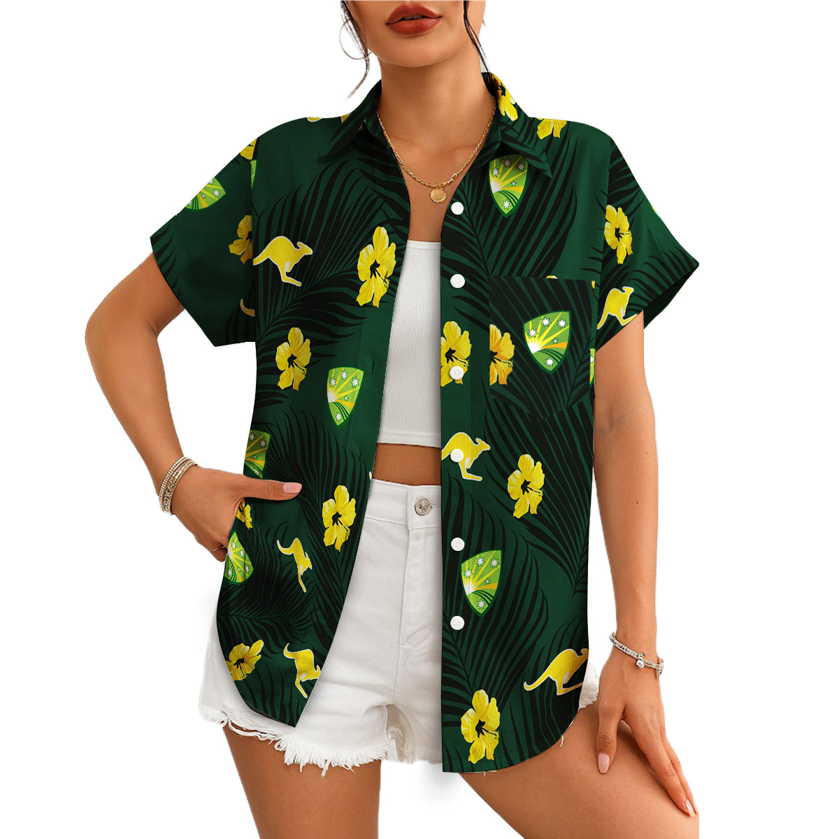 Green Hawaiian shirt golden kangaroos hibiscus palm print variant 4