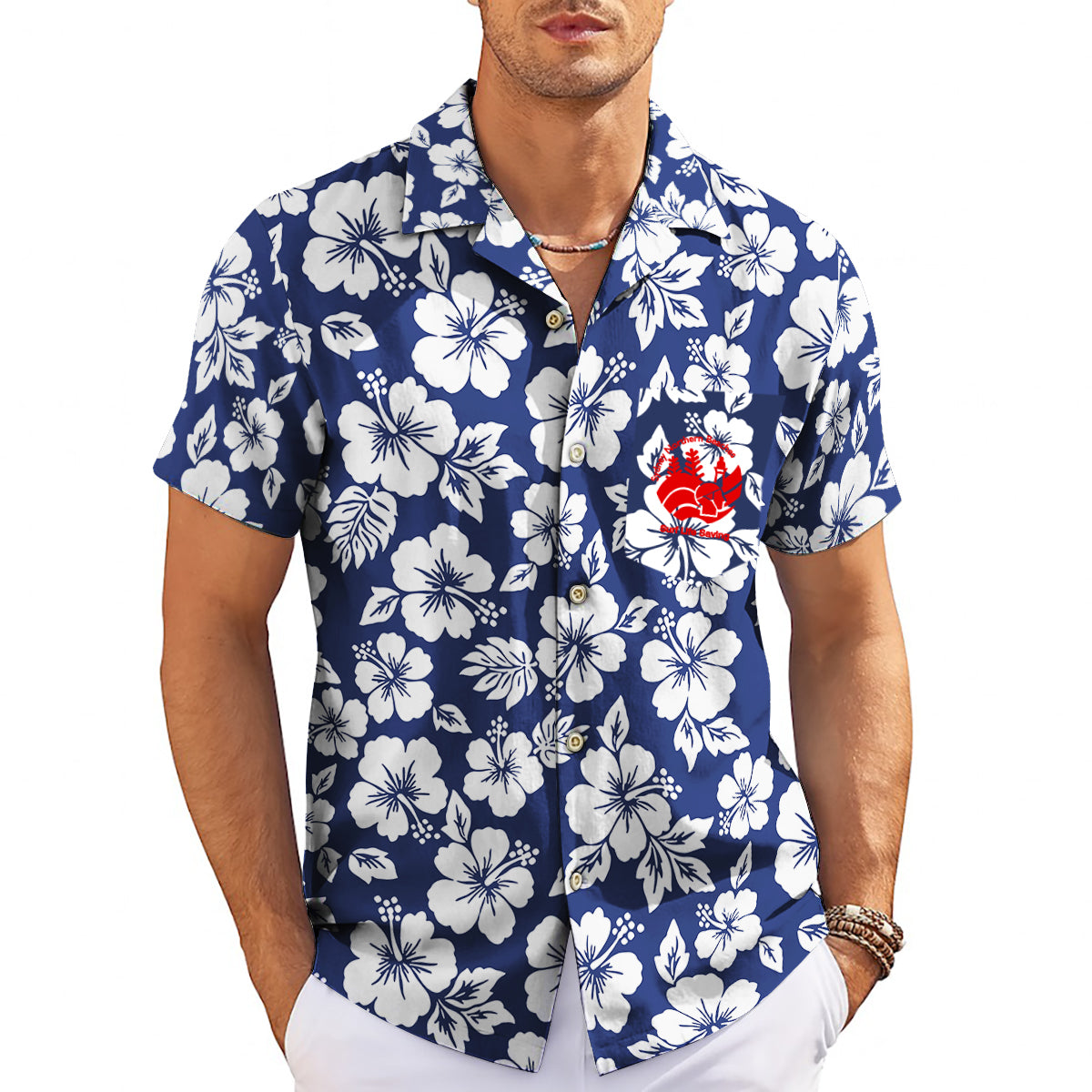 Navy blue hibiscus floral Hawaiian shirt with custom logo variant 3