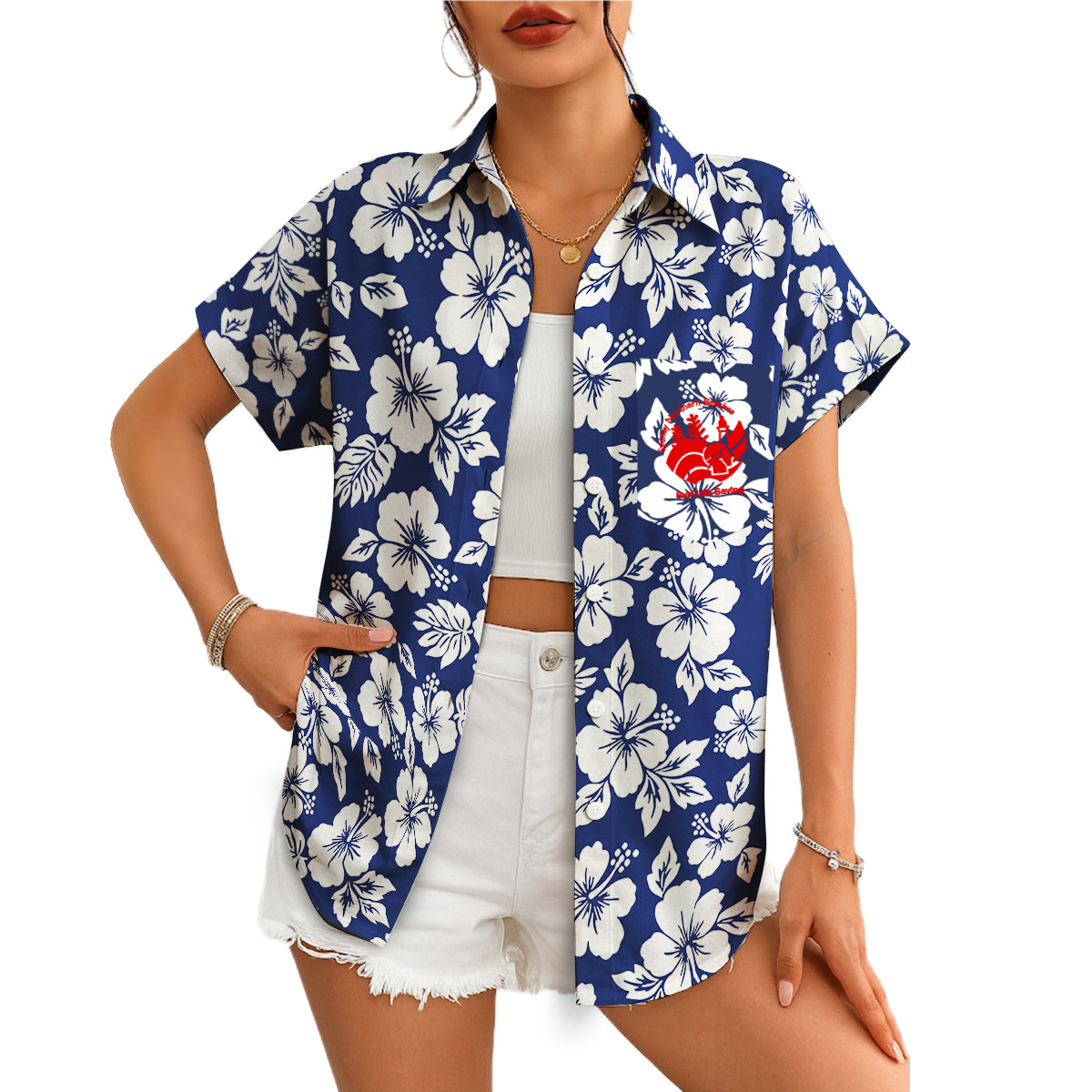 Navy blue hibiscus floral Hawaiian shirt with custom logo variant 4