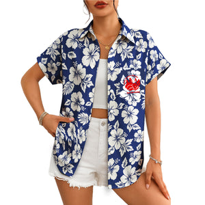 Navy blue hibiscus floral Hawaiian shirt with custom logo variant 4
