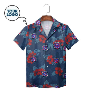 Navy Hawaiian shirt red hibiscus flowers custom team logo print