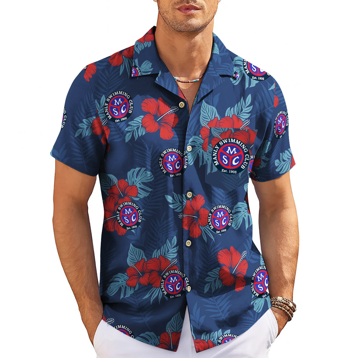 Navy Hawaiian shirt red hibiscus flowers custom team logo print variant 3