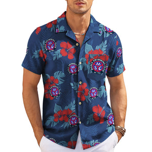 Navy Hawaiian shirt red hibiscus flowers custom team logo print variant 3