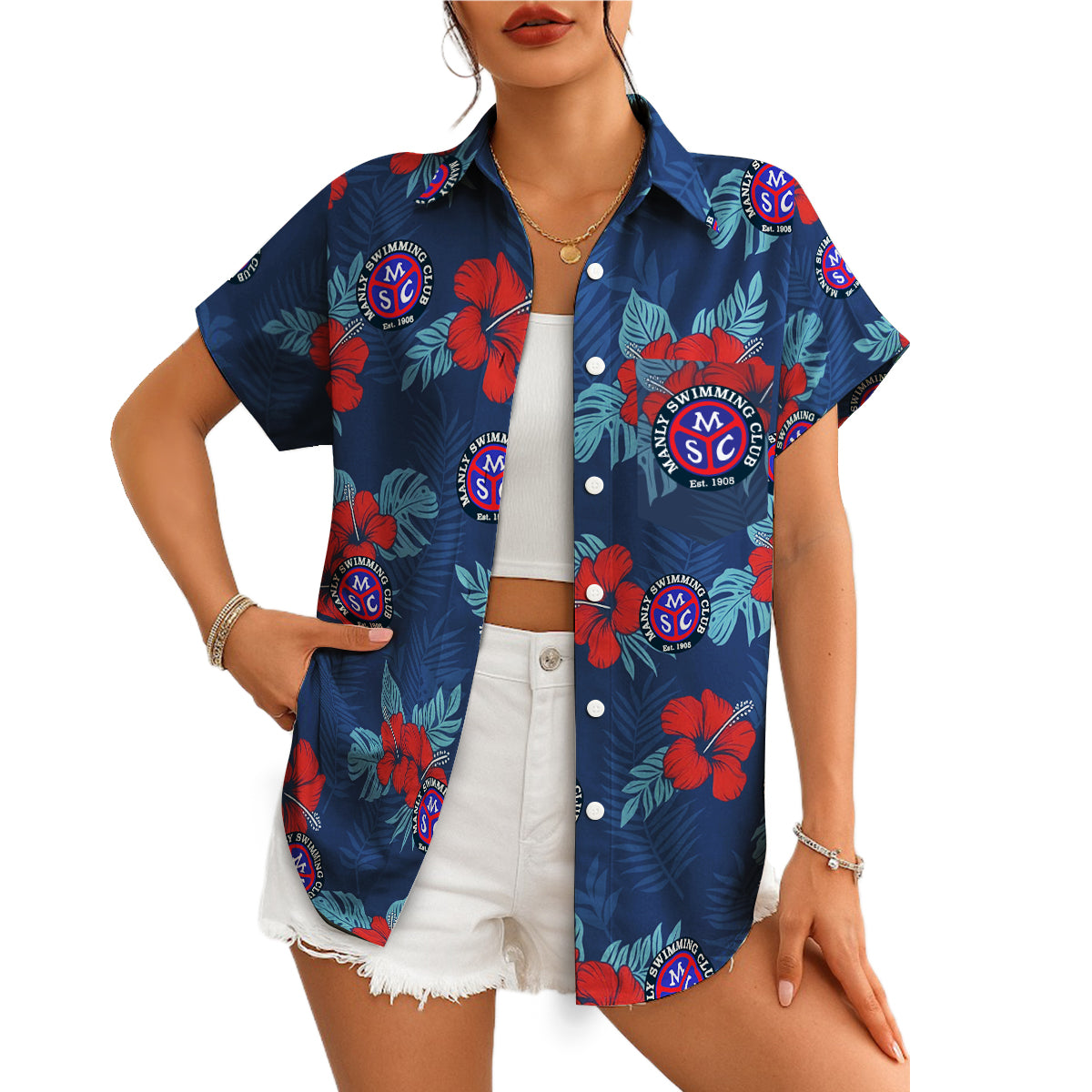 Navy Hawaiian shirt red hibiscus flowers custom team logo print variant 4