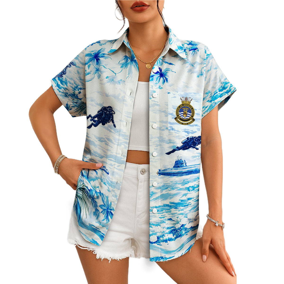 Blue ocean shirt with subs scuba divers palms hibiscus variant 4