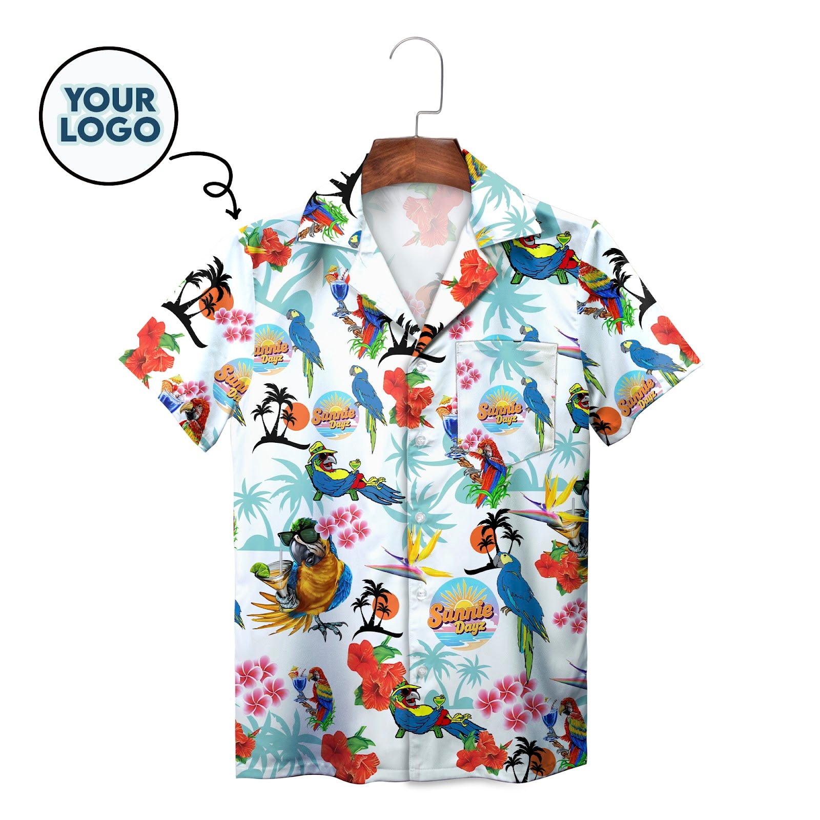 White Hawaiian shirt with colorful parrots hibiscus palm trees