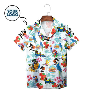 White Hawaiian shirt with colorful parrots hibiscus palm trees