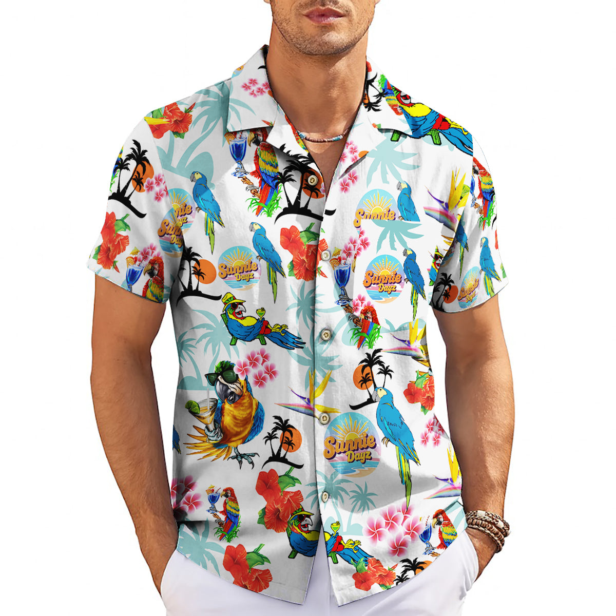 White Hawaiian shirt with colorful parrots hibiscus palm trees variant 3