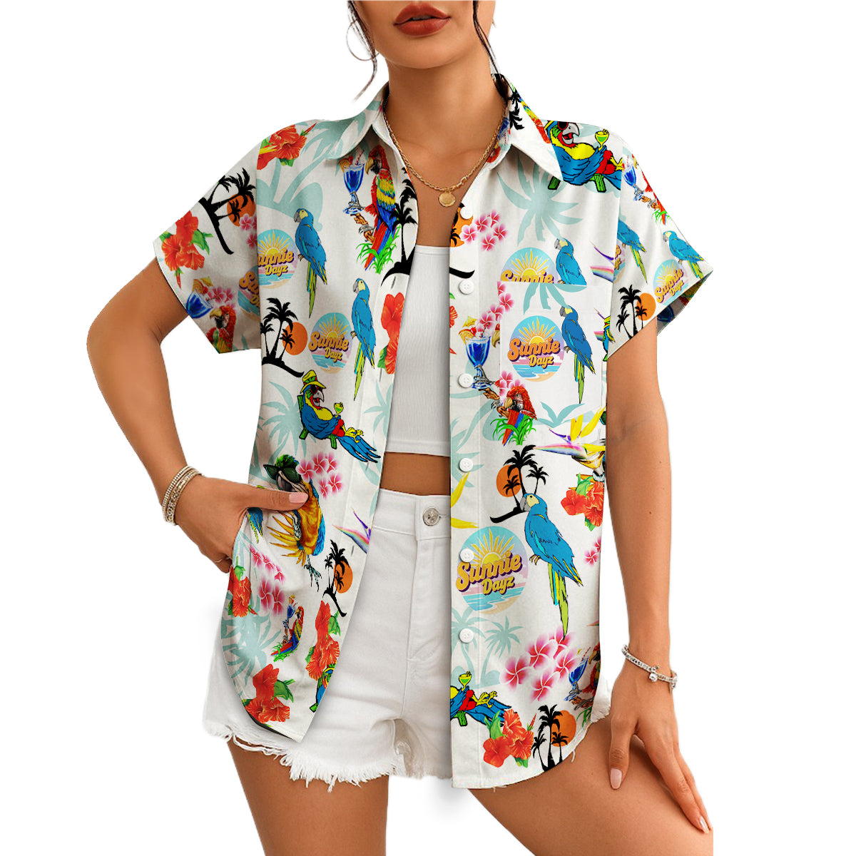 White Hawaiian shirt with colorful parrots hibiscus palm trees variant 4