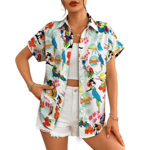 White Hawaiian shirt with colorful parrots hibiscus palm trees variant 4