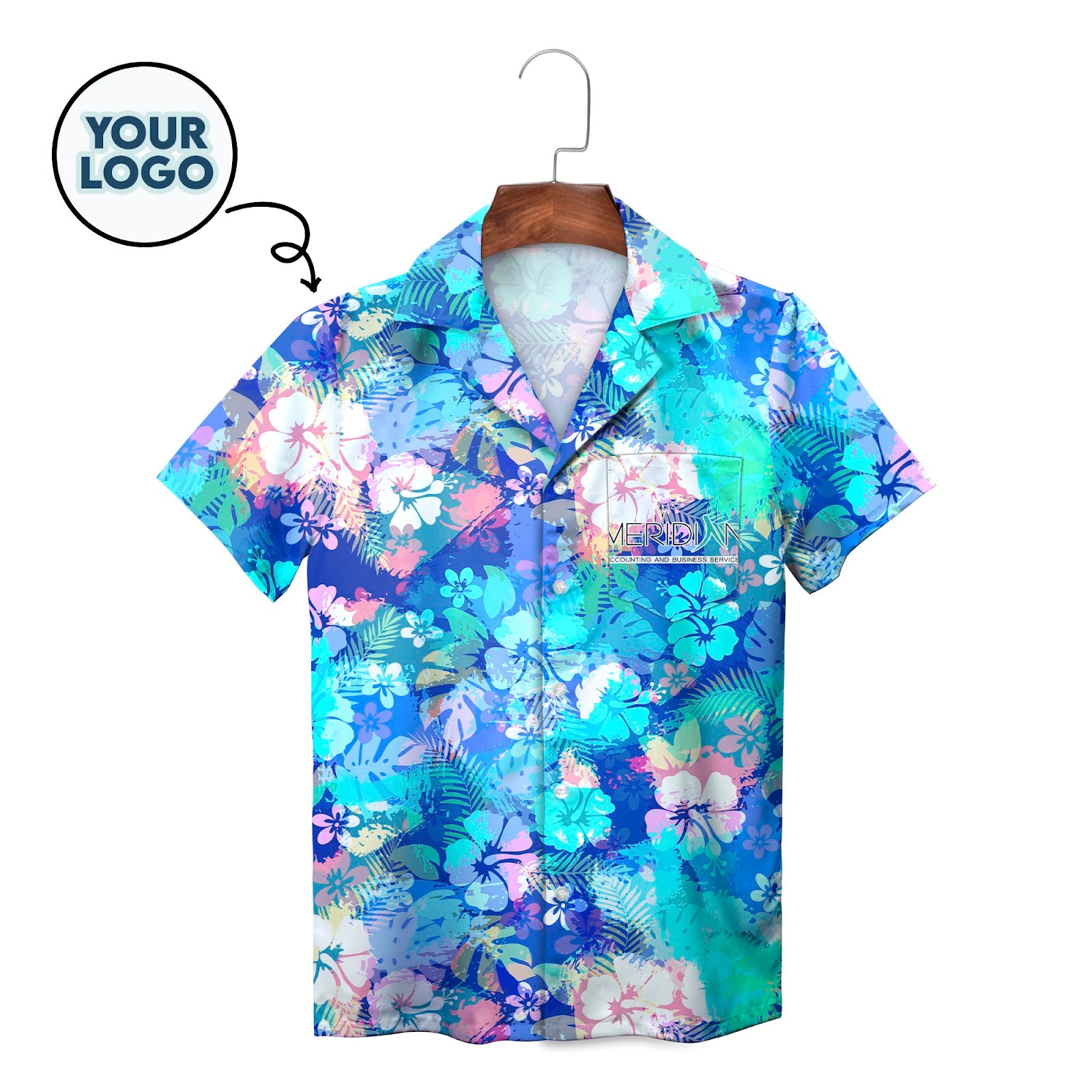 Blue pastel hibiscus monstera leaf Hawaiian shirt on hanger