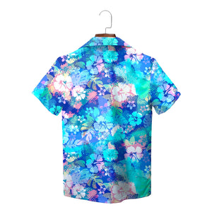 Blue pastel hibiscus monstera leaf Hawaiian shirt on hanger variant 2