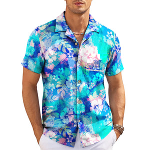 Blue pastel hibiscus monstera leaf Hawaiian shirt on hanger variant 3