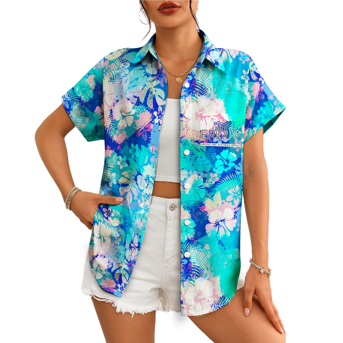Blue pastel hibiscus monstera leaf Hawaiian shirt on hanger variant 4