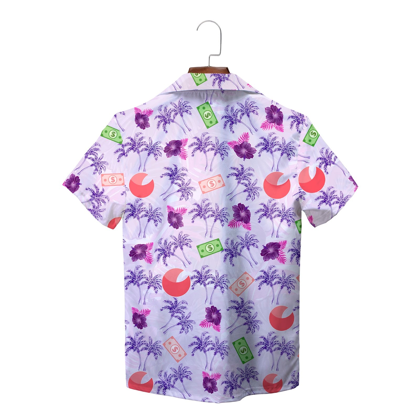 Lavender Hawaiian shirt with purple palms dollar bills logo variant 2