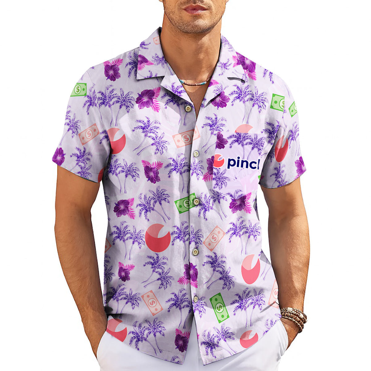 Lavender Hawaiian shirt with purple palms dollar bills logo variant 3