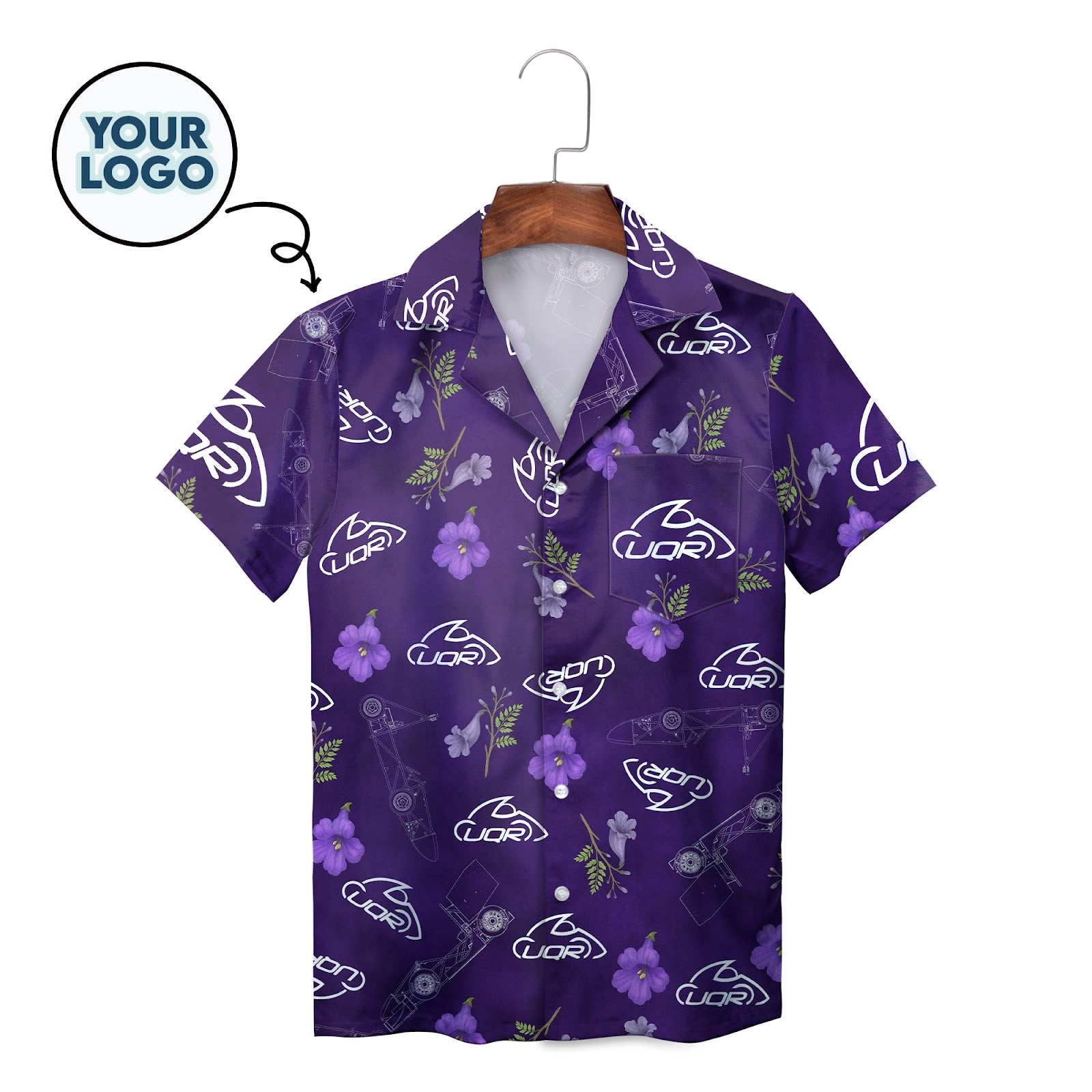 Purple petunia floral Hawaiian shirt with custom UQR logo print