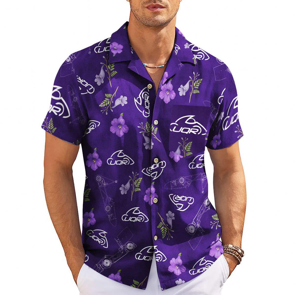Purple petunia floral Hawaiian shirt with custom UQR logo print variant 3