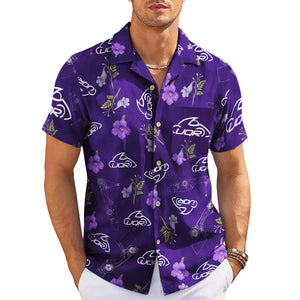 Purple petunia floral Hawaiian shirt with custom UQR logo print variant 3