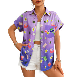 Purple Hawaiian shirt with plumeria flowers dollar bills palm trees and Pinch logo on pocket variant 4