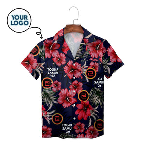 Navy Hawaiian shirt red hibiscus flowers custom logo mockup