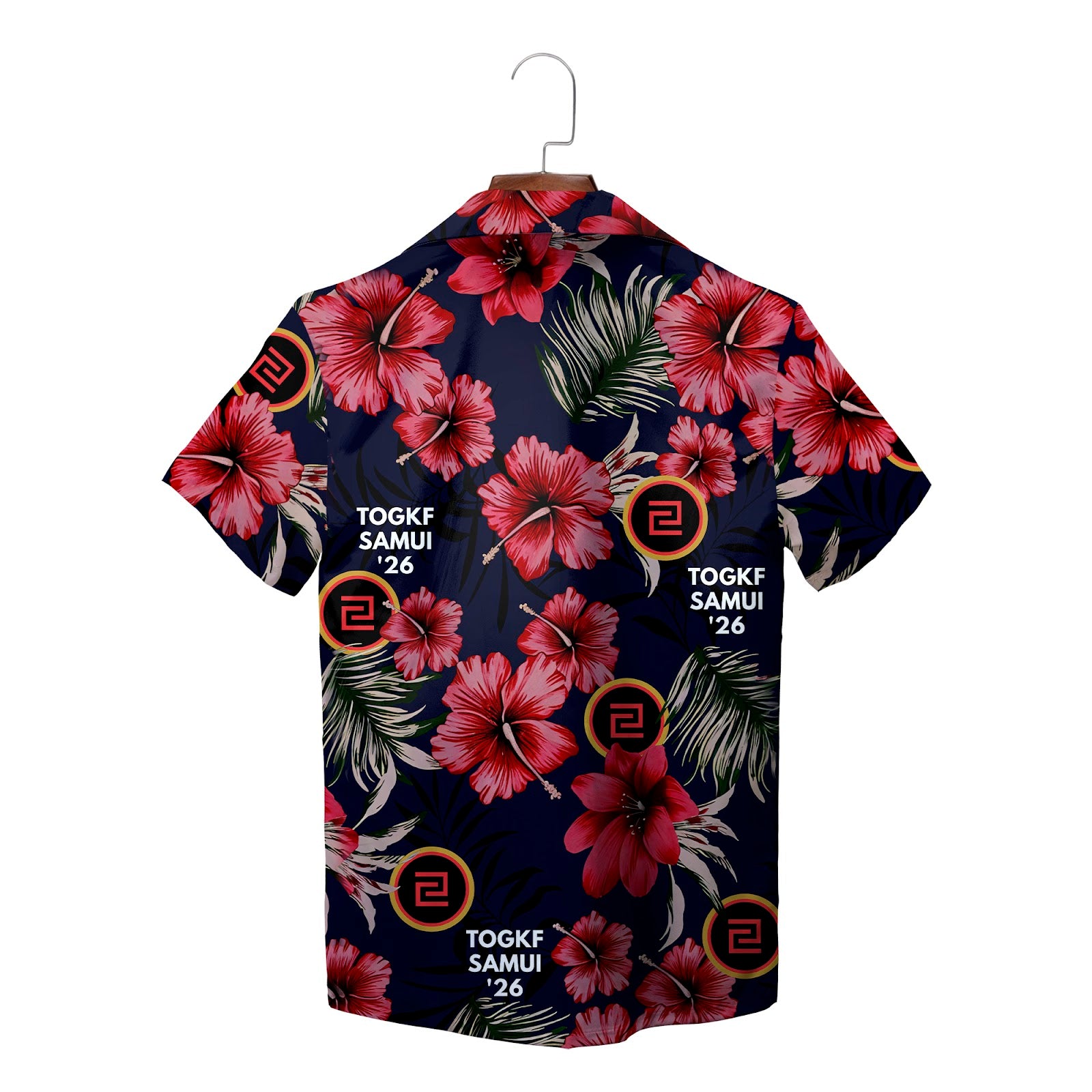 Navy Hawaiian shirt red hibiscus flowers custom logo mockup variant 2