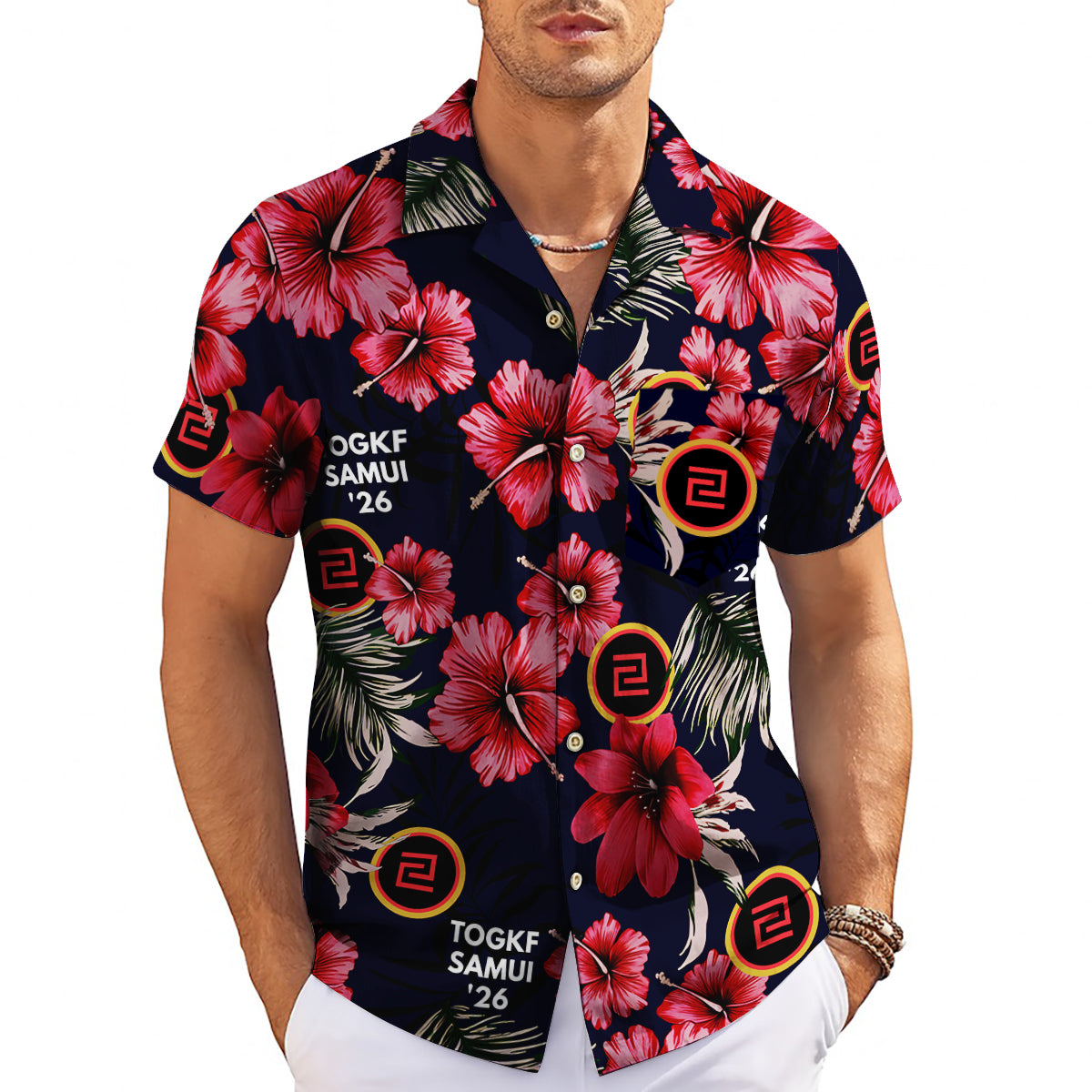 Navy Hawaiian shirt red hibiscus flowers custom logo mockup variant 3